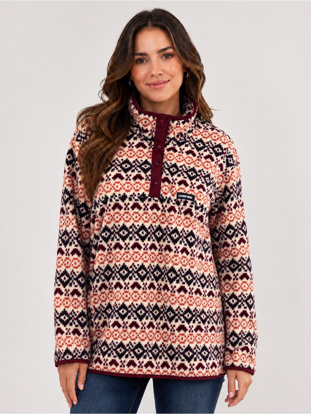 Lands’ End Heritage Fair Isle Fleece Pullover Large Quarter Snap Beige Burgundy